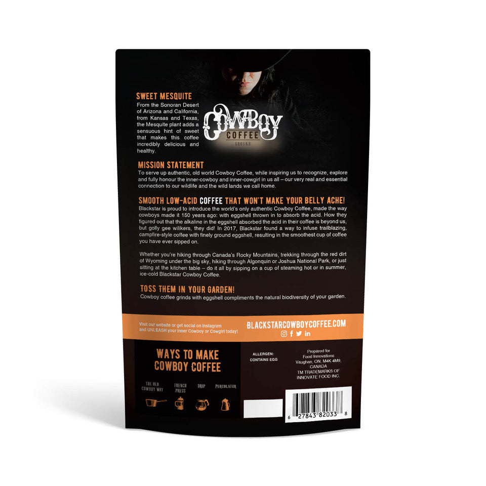Blackstar Cowboy Coffee Package (Back) - Sweet Mesquite Fire Roasted Flavor